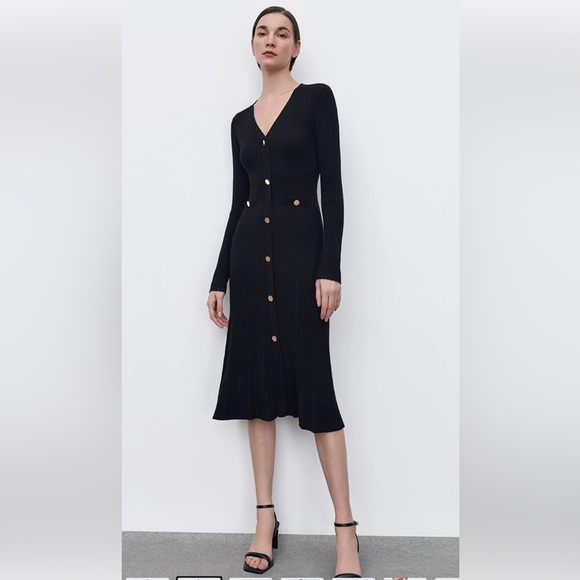 Urban Revivo Dresses & Skirts - Elegant Black Long Sleeve Sweater Dress with Gold Buttons